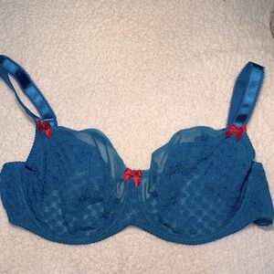 Elegant Blue Lace Bra with Red Bow Accents